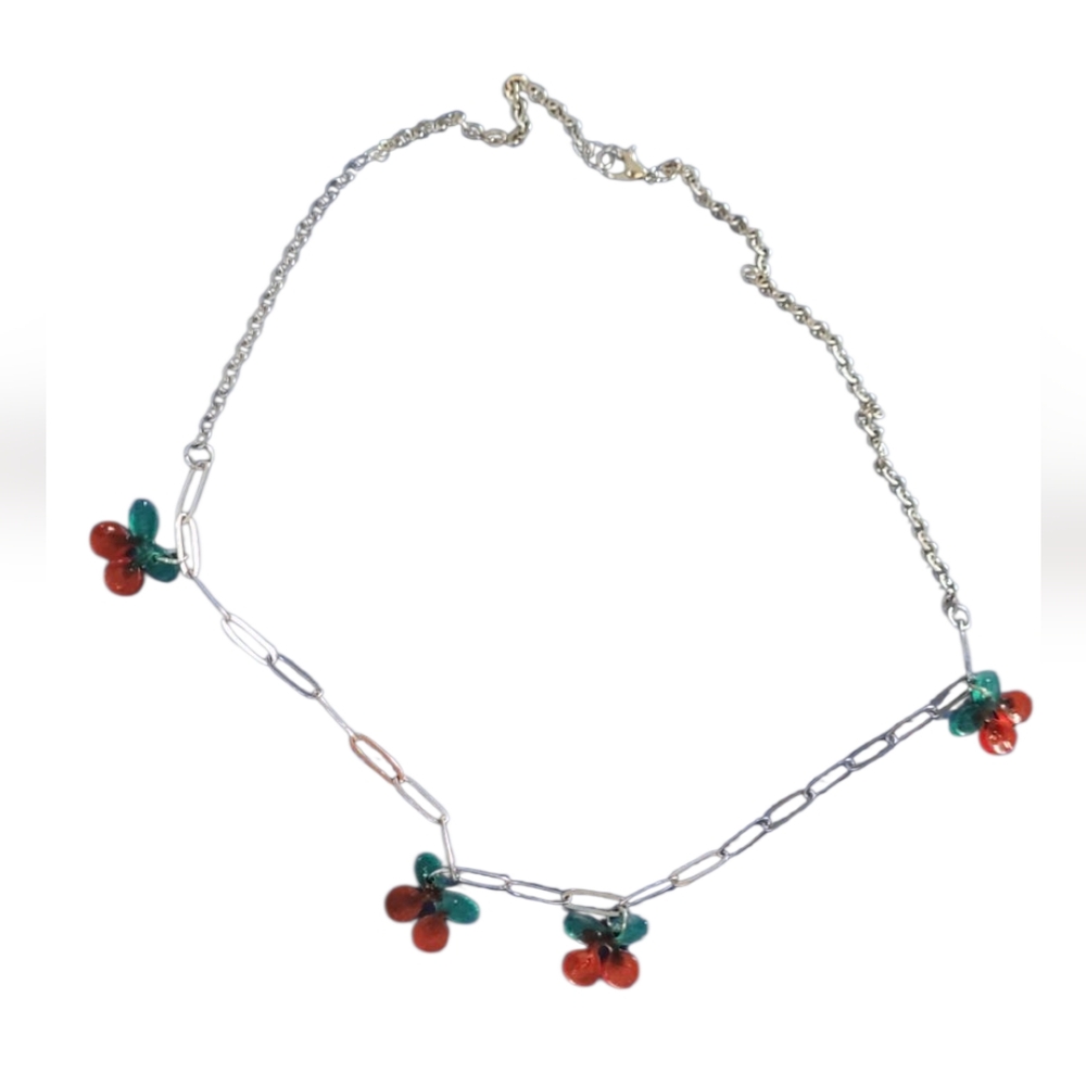 Silver and Red cherries Beaded Necklace